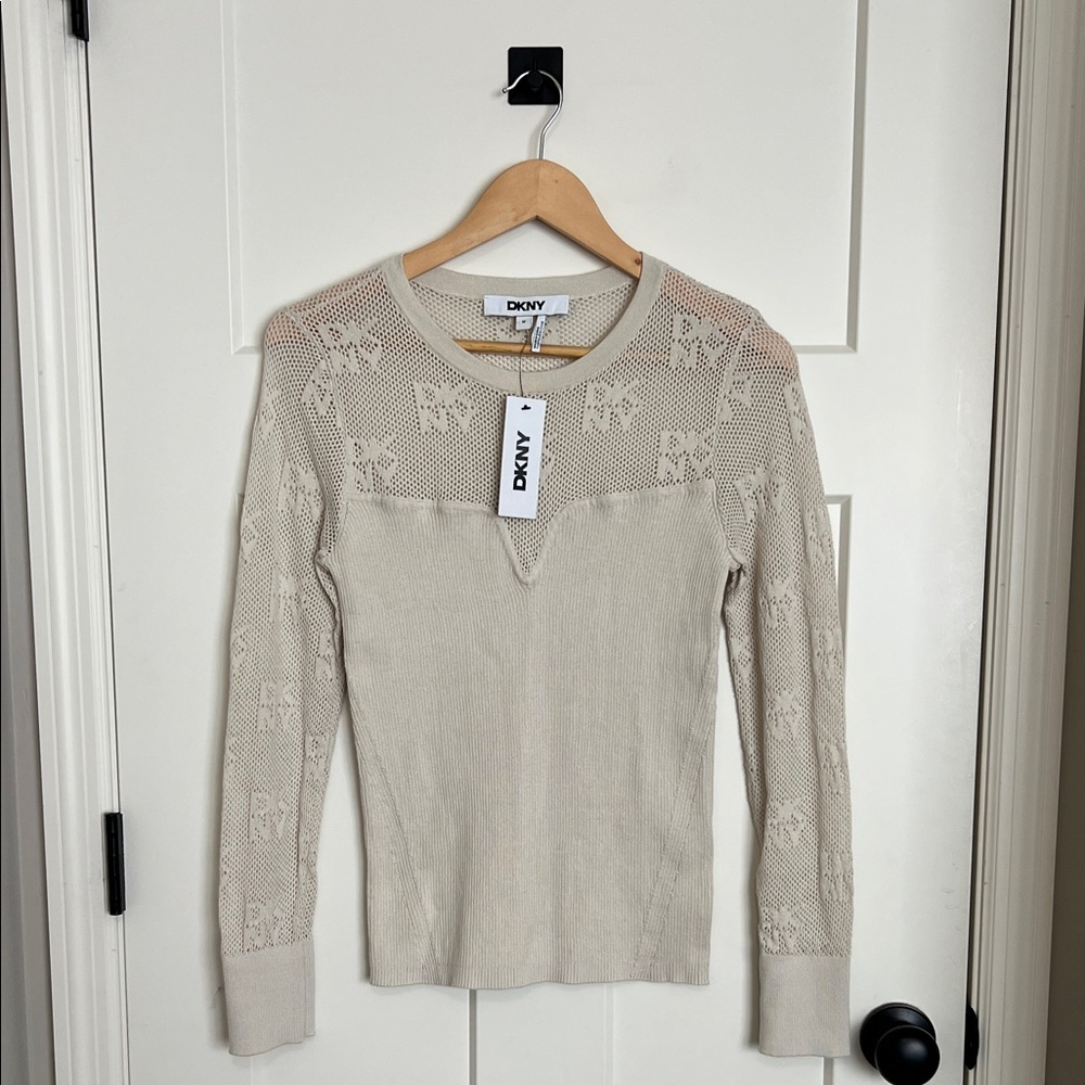 DKNY Light Beige Patterned Knit Top, medium